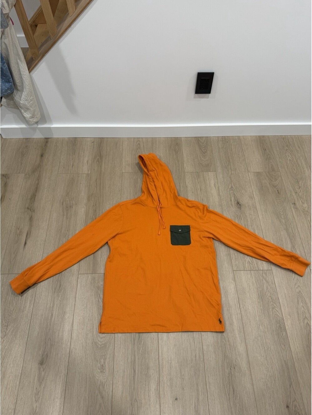 Ralph Lauren Polo Orange Green Pocket Mesh Cotton Pocket Pullover Hoodie Large